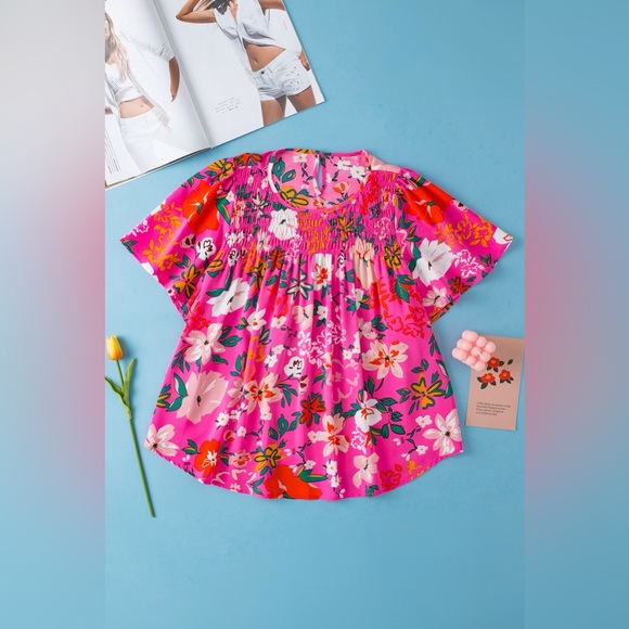 Smocked Printed Round Neck Half Sleeve Blouse - Picture 5 of 9